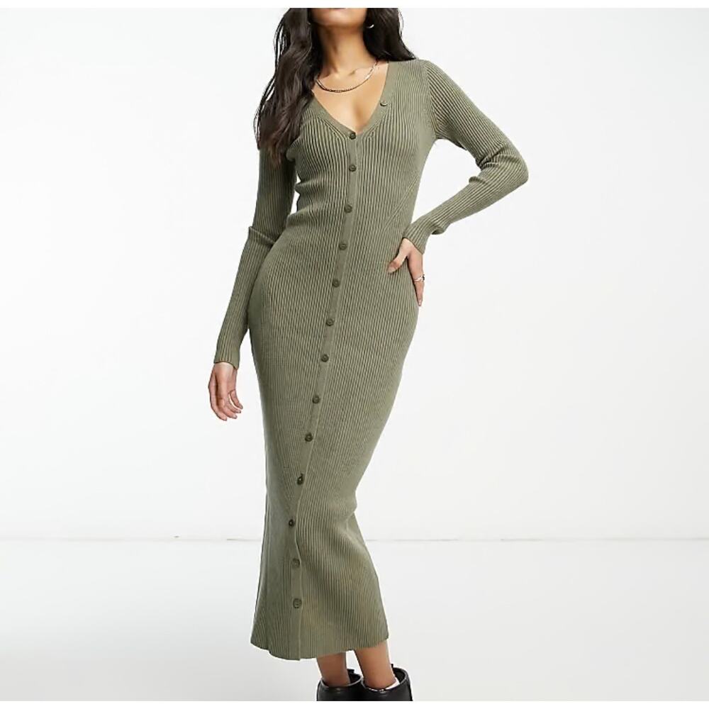 New Abercrombie & Fitch Button Front Ribbed Maxi Sweater Dress Olive Green Small